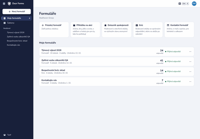 Vaše formuláře v Dazr Forms se šablonami nahoře a počtem odpovědí u každého formuláře