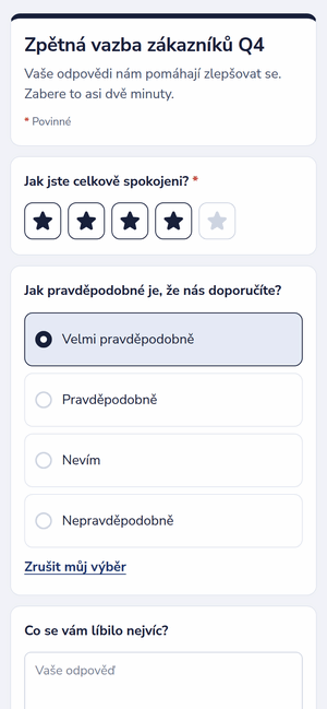 Průzkum spokojenosti na telefonu s hodnocením hvězdičkami a jednou volbou