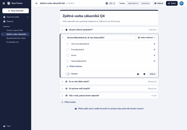 Průzkum spokojenosti v editoru: jeden sloupec otázek, jedna z nich otevřená s možnostmi