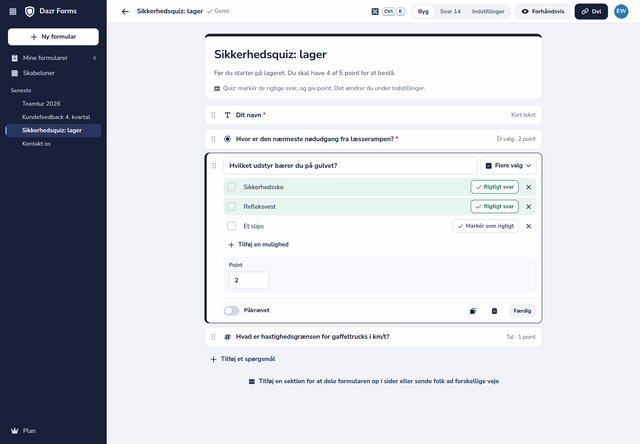 En sikkerhedsquiz i editoren: to rigtige svar markeret på et spørgsmål til 2 point