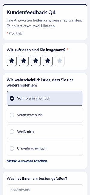 Eine Feedback-Umfrage auf einem Smartphone, mit einer Sternebewertung und einer Auswahl