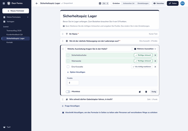 Ein Sicherheitsquiz im Editor: zwei richtige Antworten markiert bei einer Frage mit 2 Punkten