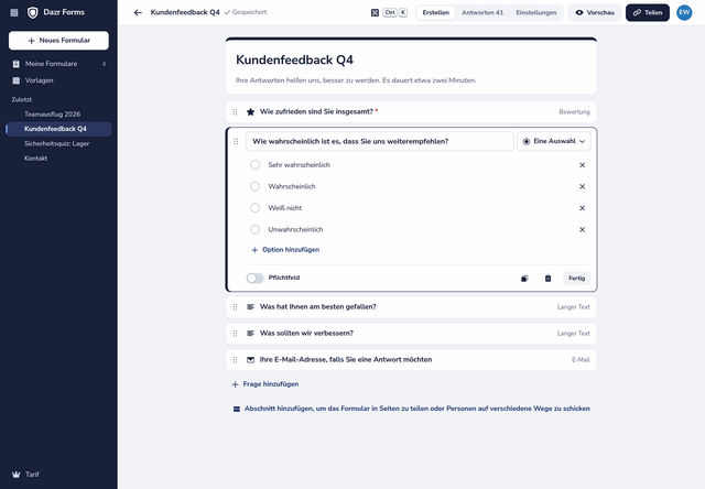 Eine Feedback-Umfrage im Editor: eine Spalte mit Fragen, eine davon mit ihren Optionen geöffnet