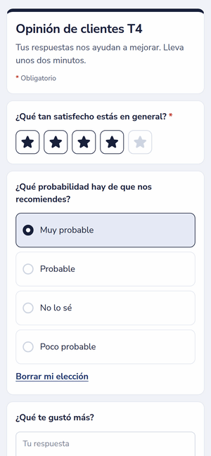 Una encuesta de opinión en un teléfono, con una valoración en estrellas y una opción
