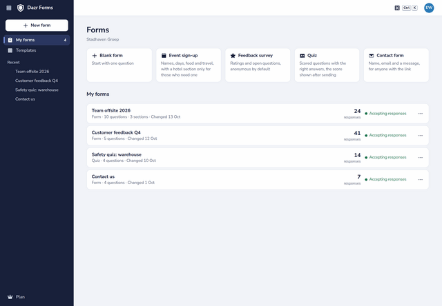 Your forms in Dazr Forms, with the templates above them and the number of responses of each form