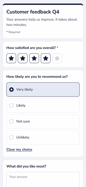 A feedback survey on a phone, with a star rating and one choice