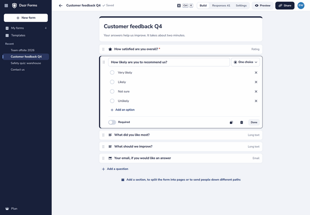 A feedback survey in the builder: one column of questions, one of them open with its options