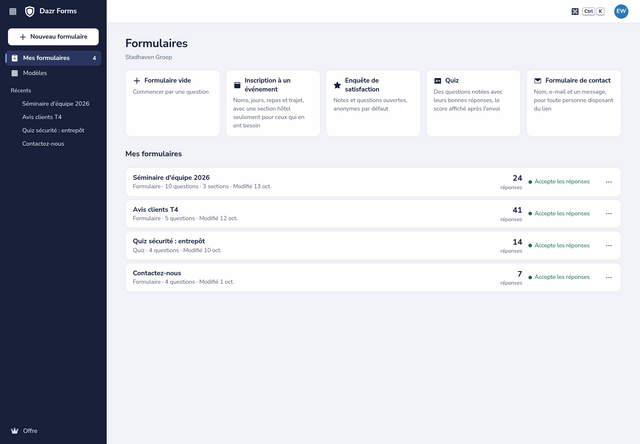 Vos formulaires dans Dazr Forms, avec les modèles au-dessus et le nombre de réponses de chaque formulaire