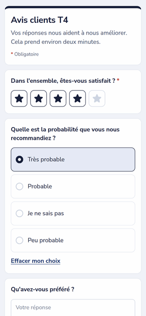 Une enquête de satisfaction sur un téléphone, avec une note en étoiles et un choix