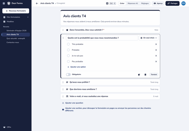 Une enquête de satisfaction dans l'éditeur : une colonne de questions, dont une ouverte avec ses options