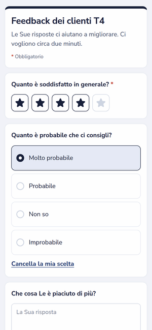 Un sondaggio di feedback su un telefono, con una valutazione a stelle e una scelta