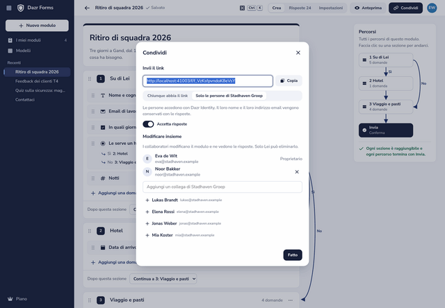 Condividere un modulo: il link, chi può rispondere, l'accettazione delle risposte e i collaboratori