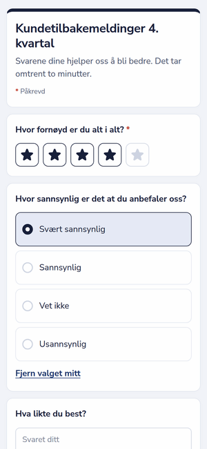 En tilbakemeldingsundersøkelse på en telefon, med en stjernevurdering og ett valg