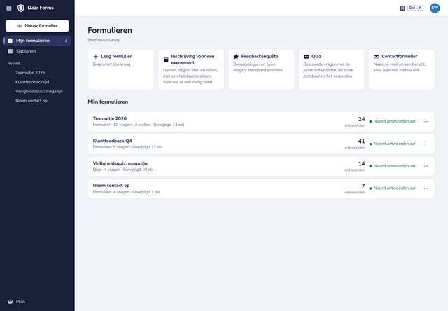 Je formulieren in Dazr Forms, met de sjablonen erboven en het aantal antwoorden per formulier