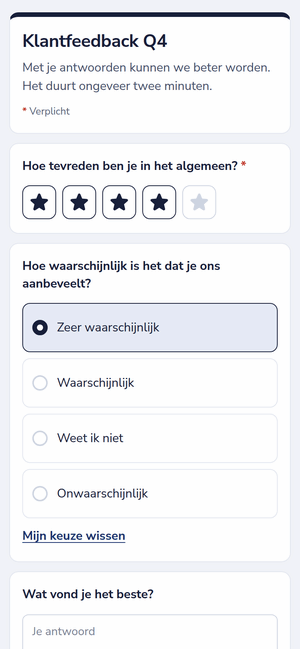 Een feedbackenquête op een telefoon, met een beoordeling in sterren en één keuze