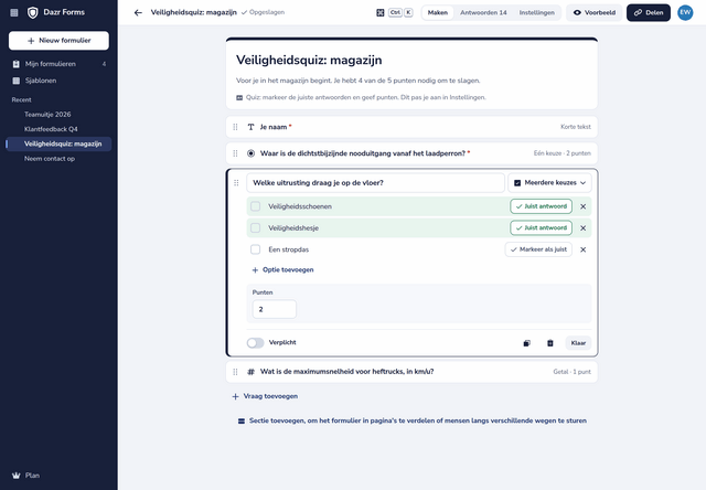 Een veiligheidsquiz in de editor: twee juiste antwoorden gemarkeerd bij een vraag van 2 punten