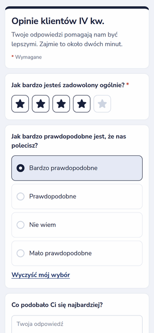 Ankieta opinii na telefonie, z oceną w gwiazdkach i jednym wyborem