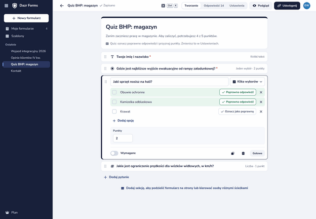 Quiz BHP w edytorze: dwie poprawne odpowiedzi oznaczone przy pytaniu za 2 punkty