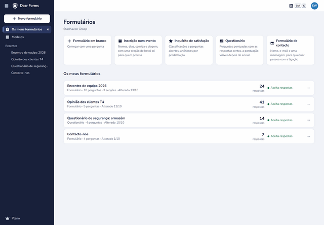 Os seus formulários no Dazr Forms, com os modelos por cima e o número de respostas de cada formulário