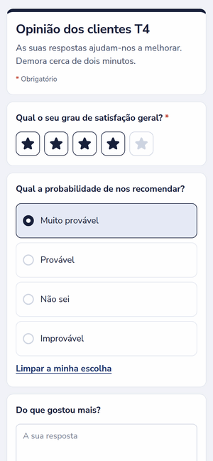Um inquérito de satisfação num telemóvel, com uma classificação em estrelas e uma escolha