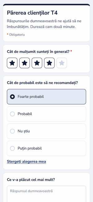 Un sondaj de feedback pe un telefon, cu o evaluare în stele și o alegere