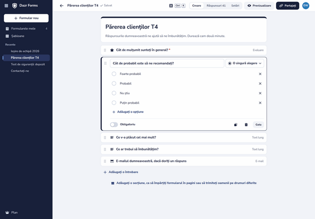 Un sondaj de feedback în editor: o coloană de întrebări, una dintre ele deschisă cu opțiunile ei