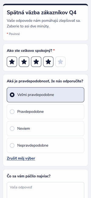 Prieskum spokojnosti na telefóne s hodnotením hviezdičkami a jednou voľbou