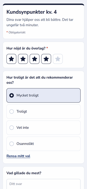En feedbackenkät på en telefon, med ett stjärnbetyg och ett val