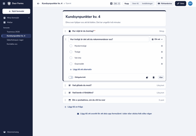 En feedbackenkät i redigeraren: en kolumn med frågor, en av dem öppen med sina alternativ
